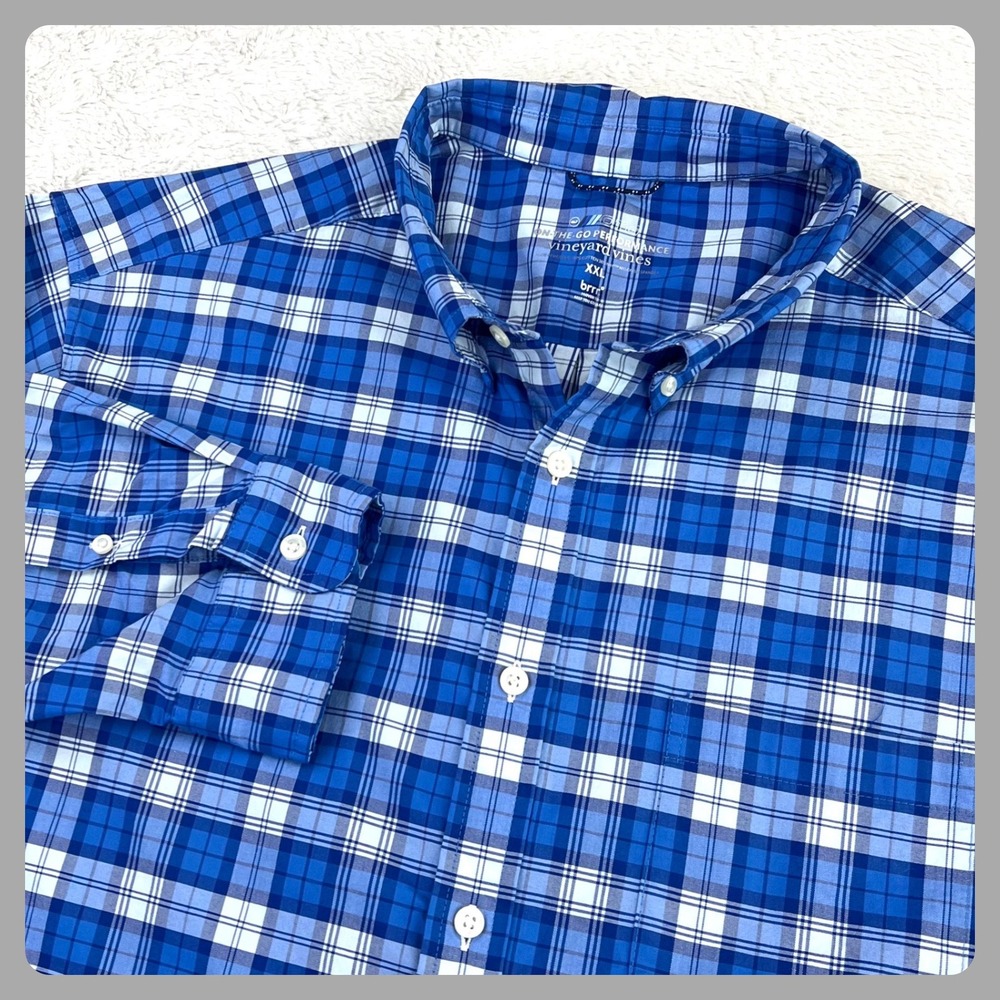Vineyard Vines On The Go Performance Shirt Men's 2XL‎ Blue Plaid Brrr OTG